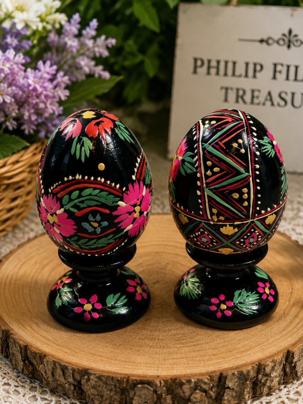 EE-05--Vintage Hand-Painted Wooden Easter Eggs Set of 2 Folk Art Floral - Picture 6 of 7